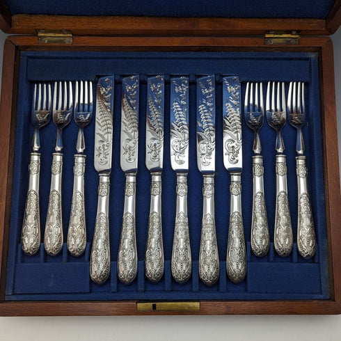 19世紀後半 英国アンティーク シルバープレート製 デザートカトラリー6ペアセット 木箱入り Fenton Brothers